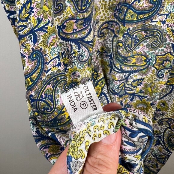 Dolma Silk Blend Shift Dress One Size Paisley Blue Yellow Boho Artsy Art to Wear - Picture 9 of 9